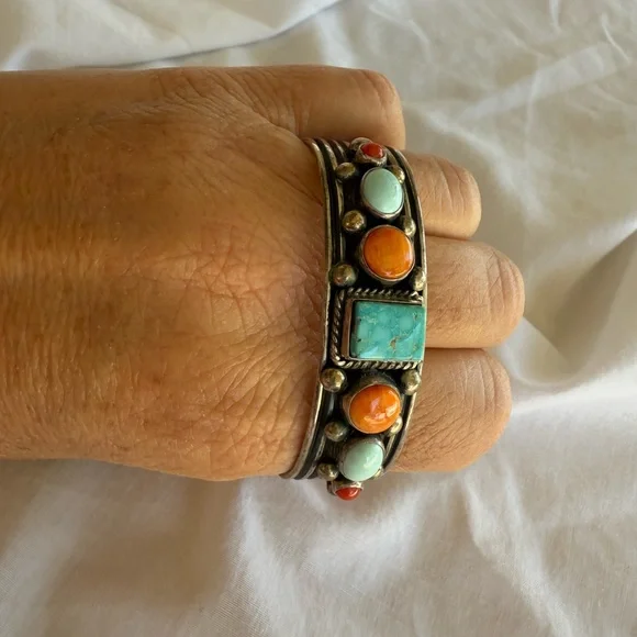 A. Jake Navajo Bracelet Turquoise & Coral Stone Sterling Silver Bracelet 7” NWOT - Picture 7 of 11